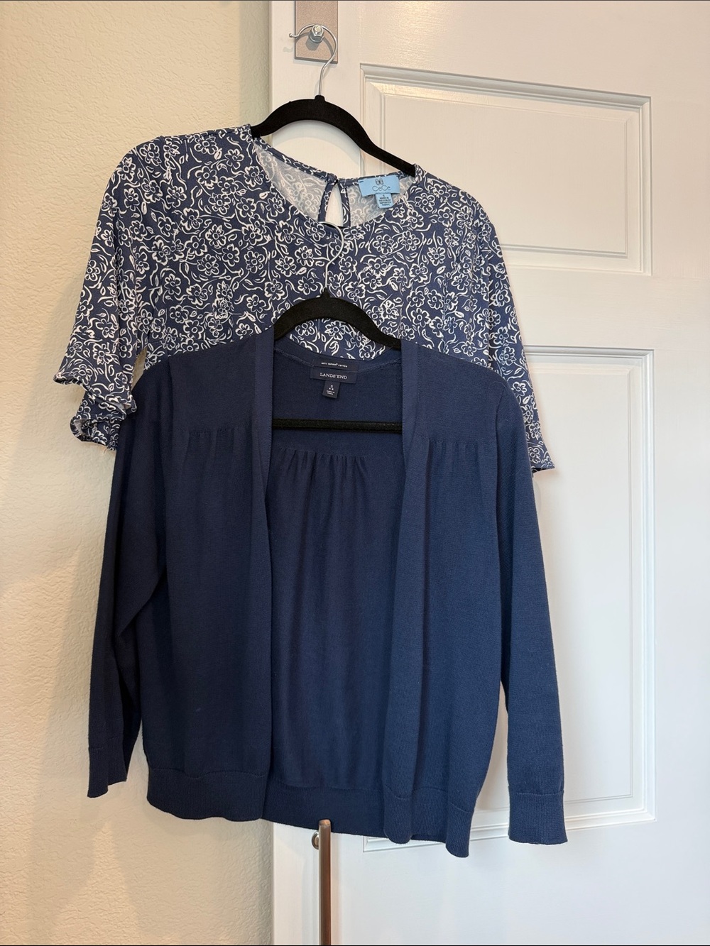 Lands' End Navy Cardigan with White-Patterned CeCe Blue Blouse